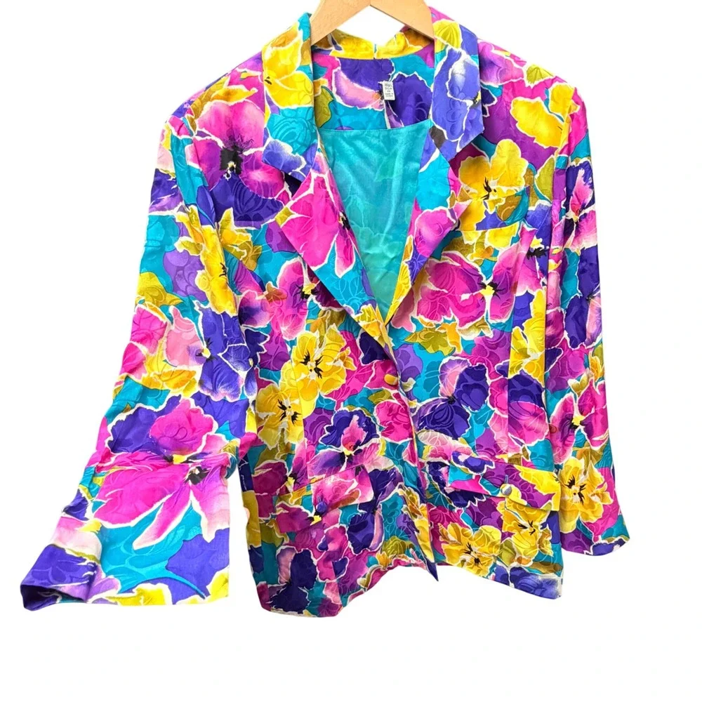 Vintage 100% Silk Floral Blazer Medium Multi Color‎ Dopamine 90s Career Luxury